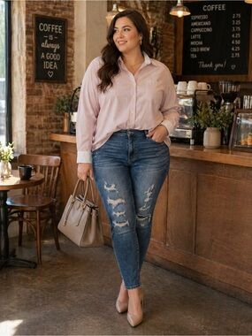 Old Navy Light Pink and White Striped Boyfriend Shirt with White Contrast Collar